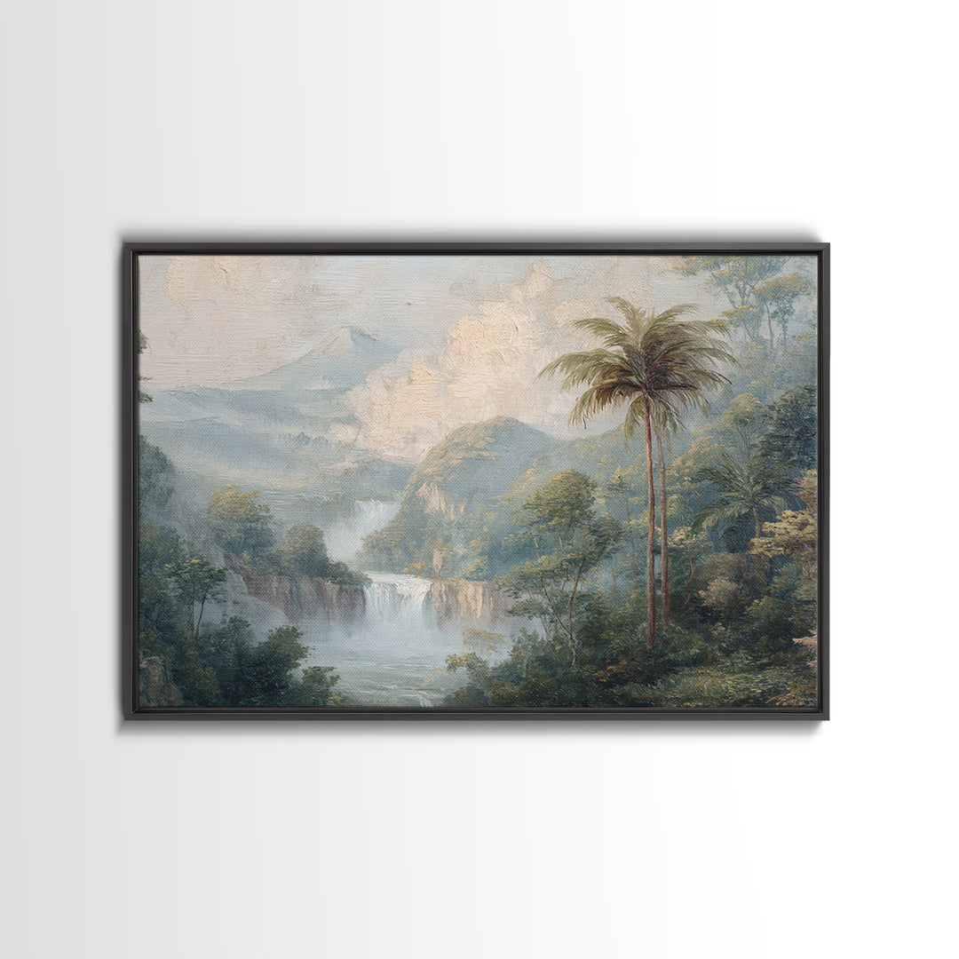 Jungle Waterfall with Misty Light Framed Canvas Print, Tropical Art, Beach Prints, Living Room Decor, Watercolor Art, Tropic, TRO-3x2-41