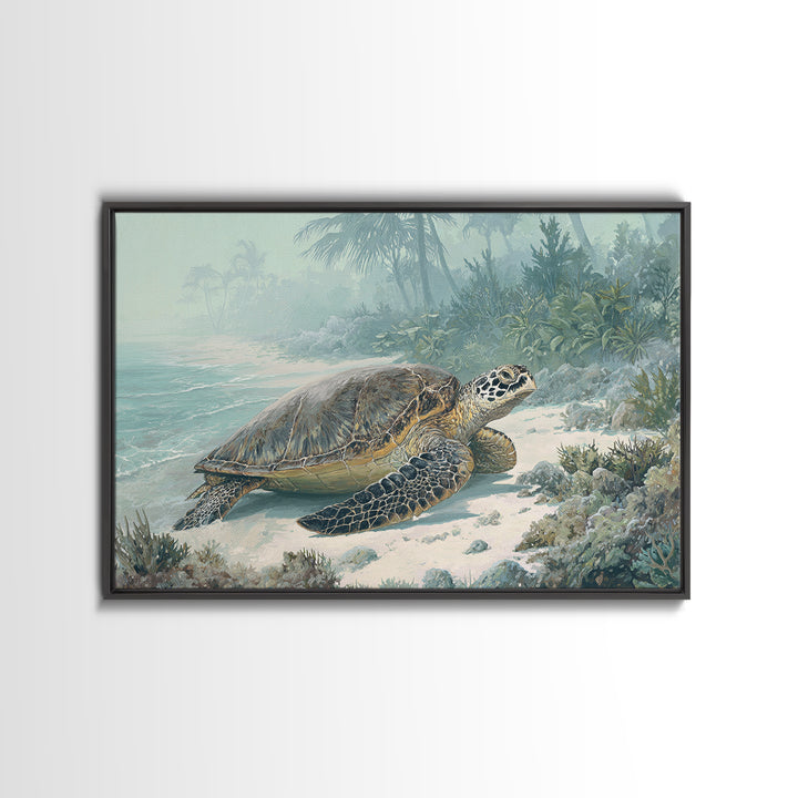 Sea Turtle Near Tropical Reef Framed Canvas Print, Tropical Art, Digital Art, Living Room Decor, Oil Painting, Tropic, TRO-3x2-47