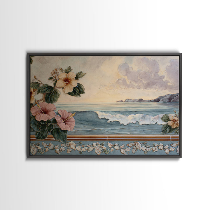 Sunset Surf Scene Framed Canvas Print, Tropical Art, Beach Decor, Living Room Decor, Oil Painting, Tropic, Fine Art Print, TRO-3x2-50