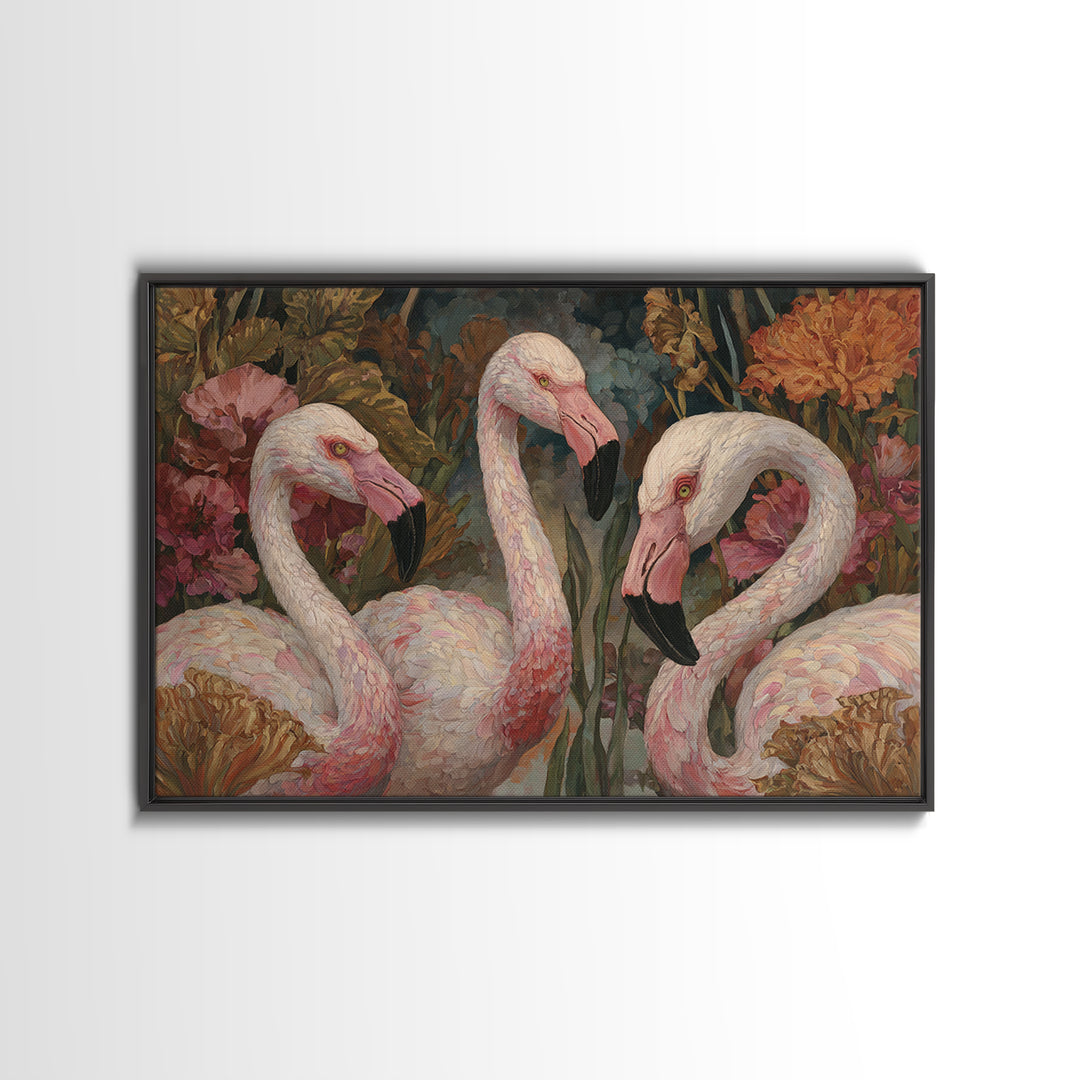 Pink Flamingos Among Tropical Water Plants Canvas Print, Tropical Art, Beach Wall Art, Living Room Decor, Fine Art, Tropic, TRO-3x2-54