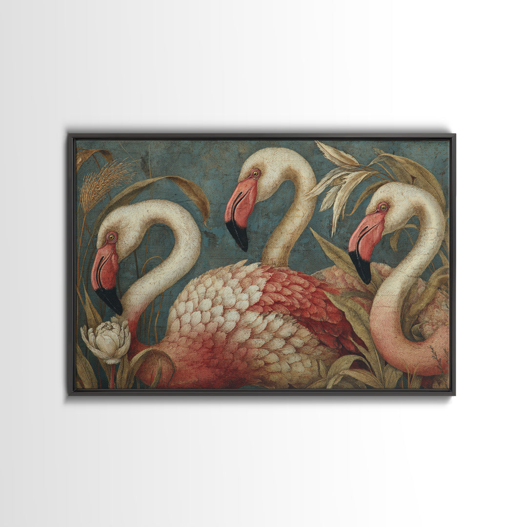 Pink Flamingos Among Tropical Water Plants Framed Canvas Print, Tropical Art, Set of 3 Prints, Living Room Decor, Tropic, TRO-3x2-6