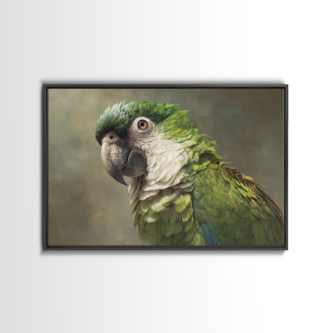 Parrot Portrait with Emerald Feathers Framed Canvas Print, Tropical Art, Textured Painting, Living Room Decor, Fine Art, Tropic, TRO-3x2-60