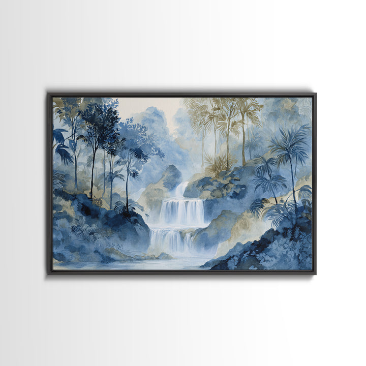 Jungle Waterfall with Misty Light Framed Canvas Print, Tropical Art, Beach Prints, Living Room Decor, Watercolor Art, Tropic, TRO-3x2-65