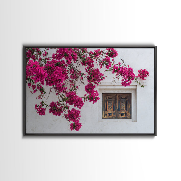 Pink Bougainvillea over White Wall Canvas Print, Tropical Art, Minimalist Decor, Living Room Decor, Fine Art, Tropic, TRO-3x2-68