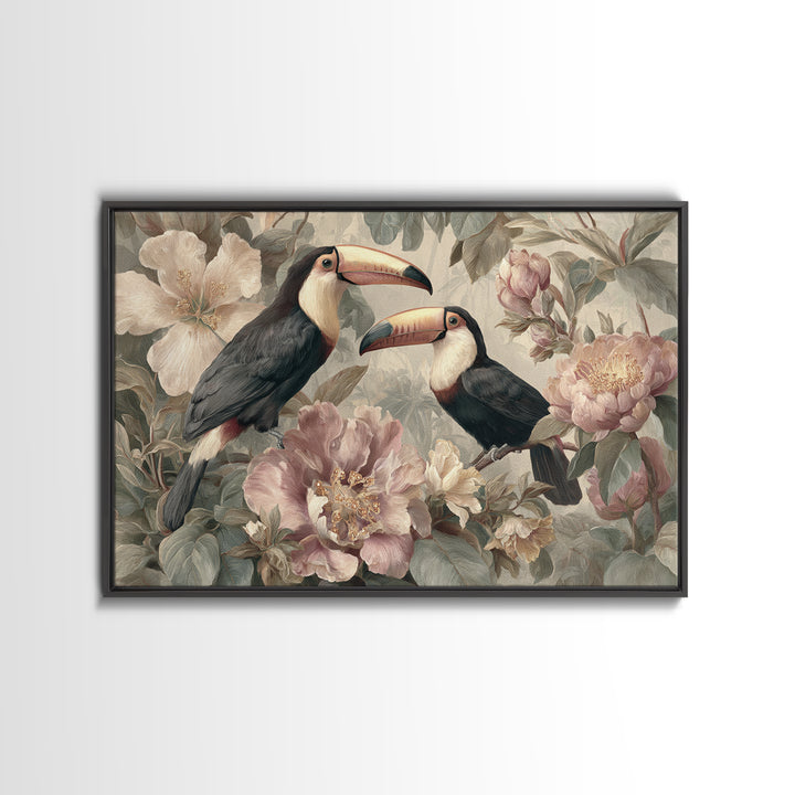 Toucans Surrounded by Bright Jungle Flowers Framed Canvas Print, Tropical Art, Printable Art, Living Room Decor, Tropic, TRO-3x2-7