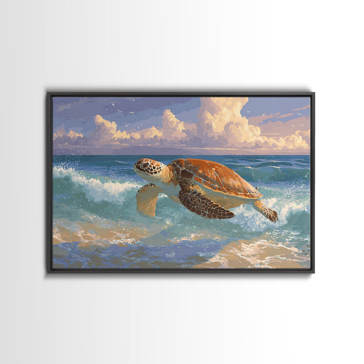 Sea Turtle Near Tropical Reef Framed Canvas Print, Tropical Art, Beach Prints, Living Room Decor, Watercolor Art, Tropic, TRO-3x2-71