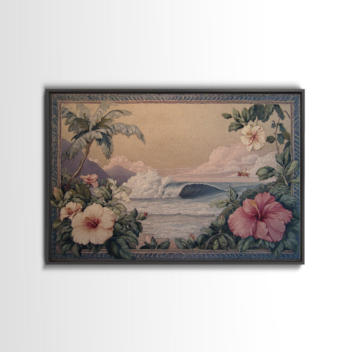 Sunset Surf Scene Framed Canvas Print, Tropical Art, Beach Decor, Living Room Decor, Oil Painting, Tropic, Fine Art Print, TRO-3x2-74