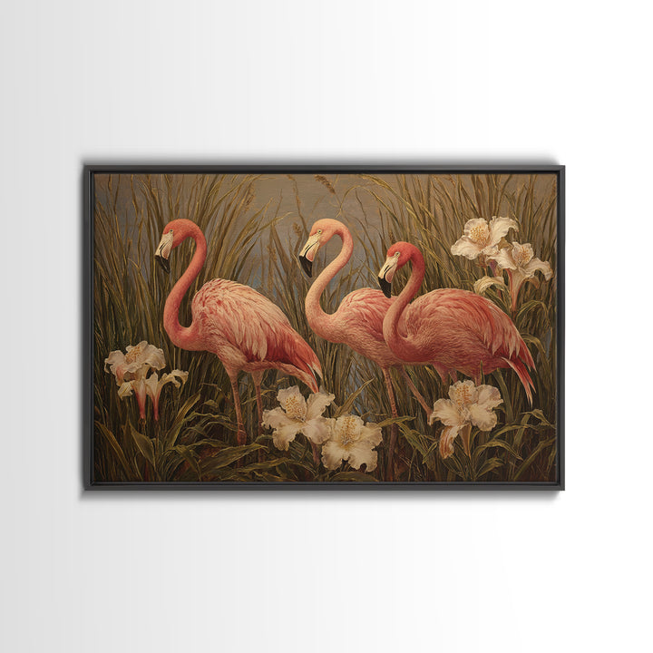 Pink Flamingos Among Tropical Water Plants Framed Canvas Print, Tropical Art, Whimsical Art, Living Room Decor, Tropic, TRO-3x2-78