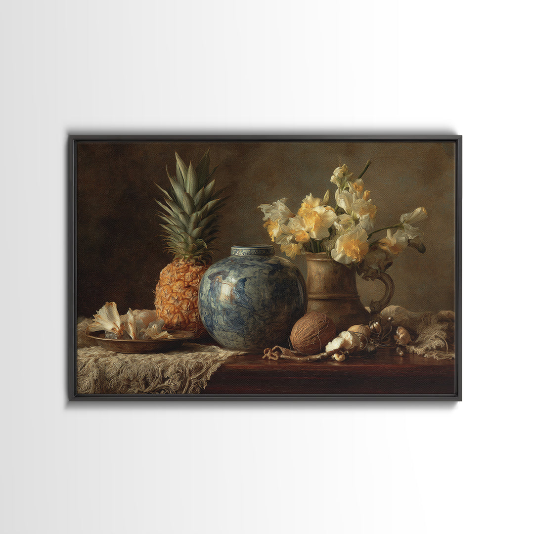 Pineapple and Palm Still Life Framed Canvas Print, Tropical Art, Botanical Art, Living Room Decor, Oil Painting, Tropic, TRO-3x2-82