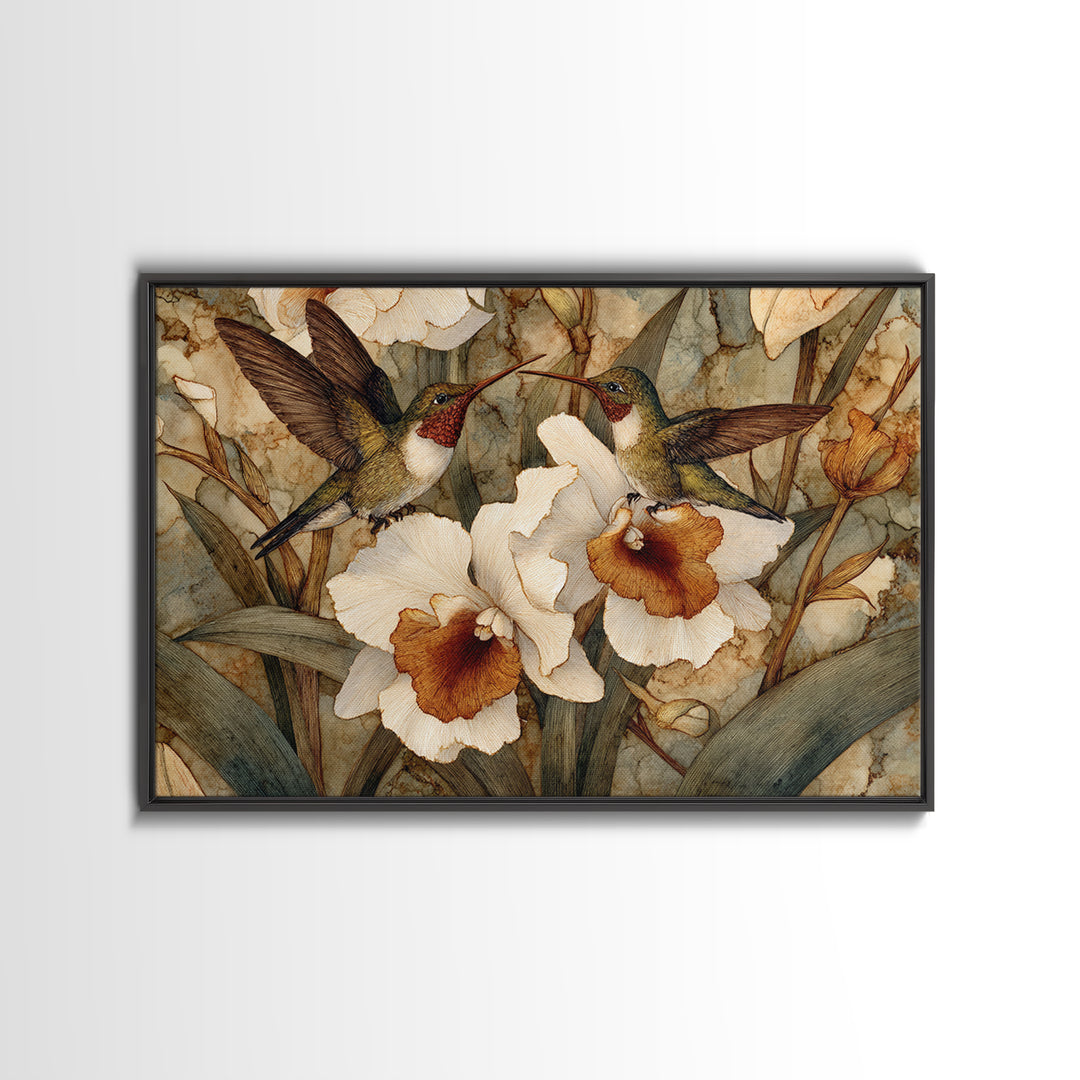 Orchid and Hummingbird Composition Framed Canvas Print, Tropical Art, Trendy Wall Art, Living Room Decor, Fine Art, Tropic, TRO-3x2-86