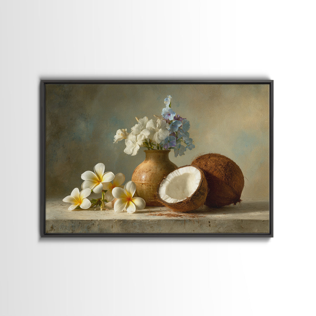 Coconut and Plumeria Still Life Canvas Print, Tropical Art, Decor, Living Room Decor, Tropic 588, Bird Art, Set of Prints, TRO-3x2-88