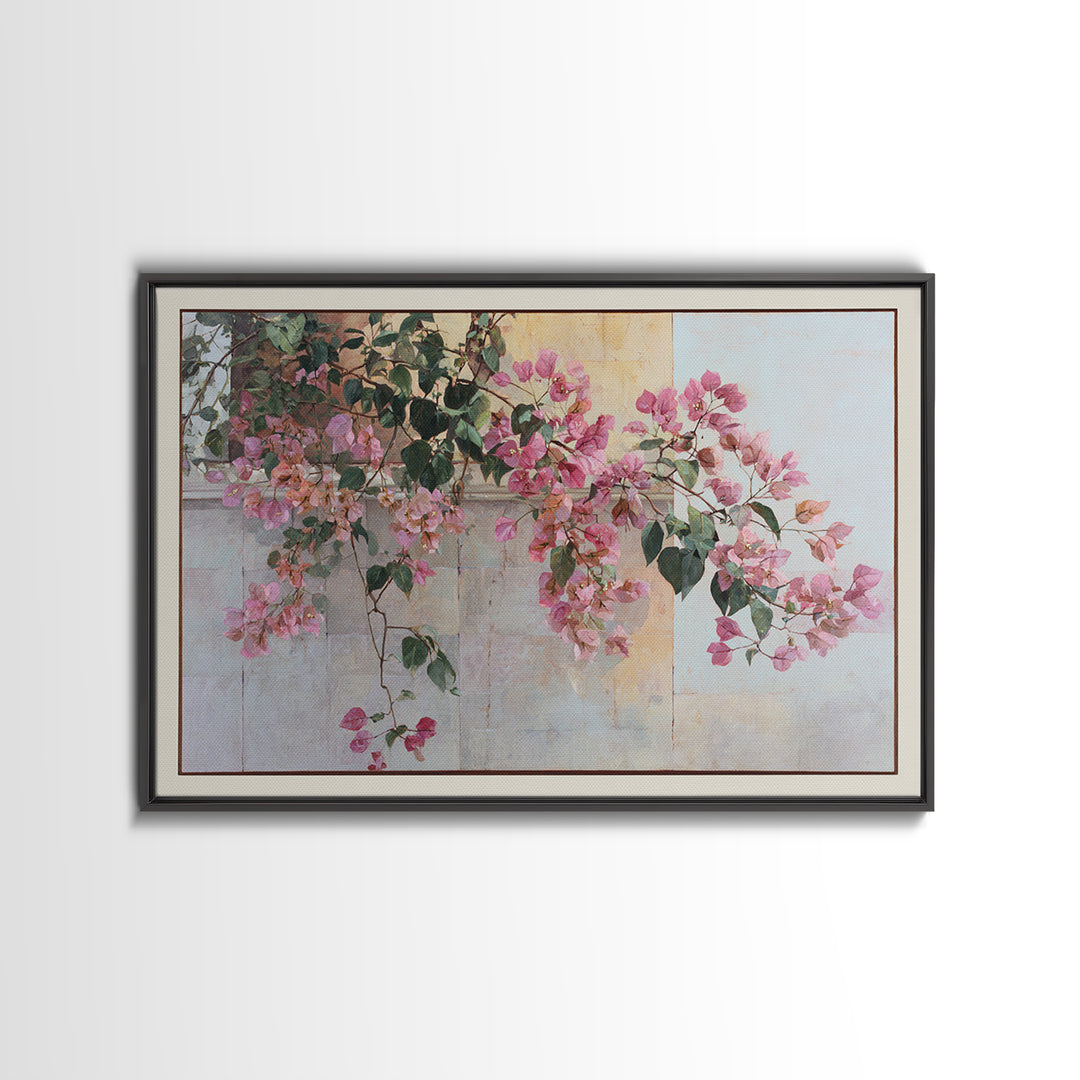 Pink Bougainvillea over White Wall Framed Canvas Print, Tropical Art, Digital Prints, Living Room Decor, Fine Art, Tropic, TRO-3x2-92