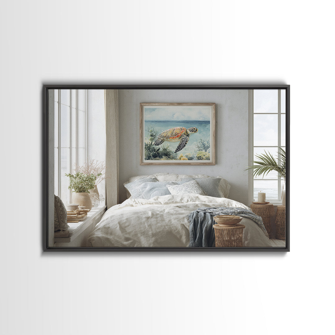 Sea Turtle Near Tropical Reef Framed Canvas Print, Tropical Art, Wall Art Prints, Living Room Decor, Fine Art, Tropic, TRO-3x2-95