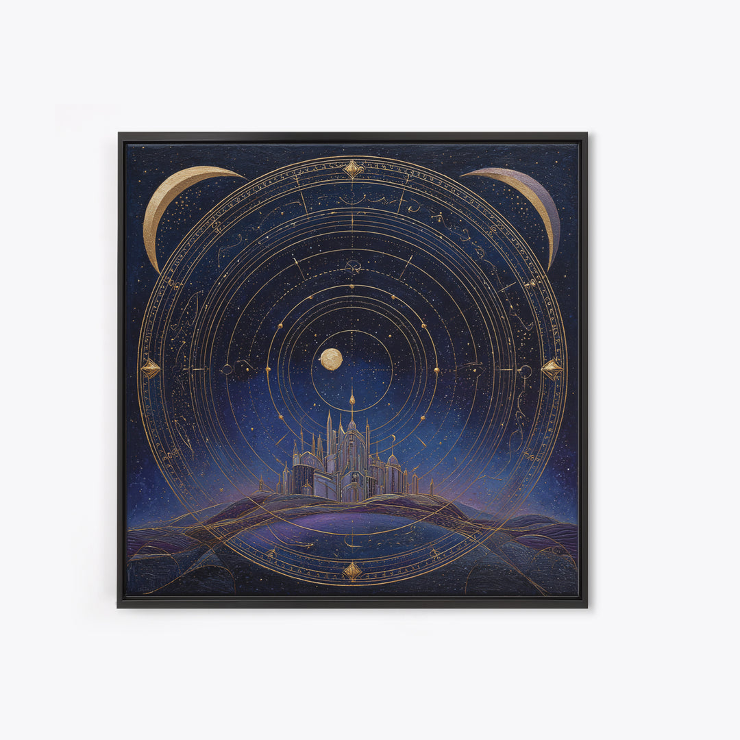 Night Skyline under Crescent Moon Framed Canvas Print, Urban Art, Digital Download Art, Living Room Decor, Abstract Art, Urban, URB-1x1-24