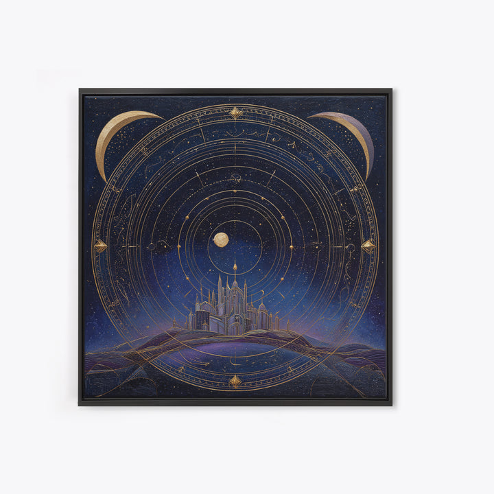 Night Skyline under Crescent Moon Framed Canvas Print, Urban Art, Digital Download Art, Living Room Decor, Abstract Art, Urban, URB-1x1-24