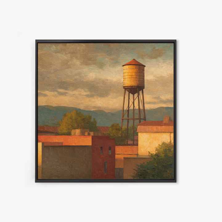 Rooftop Water Tower Framed Canvas Print, Urban Art, Statement Artwork, Living Room Decor, Abstract Art, Urban, Wall Decor, URB-1x1-57