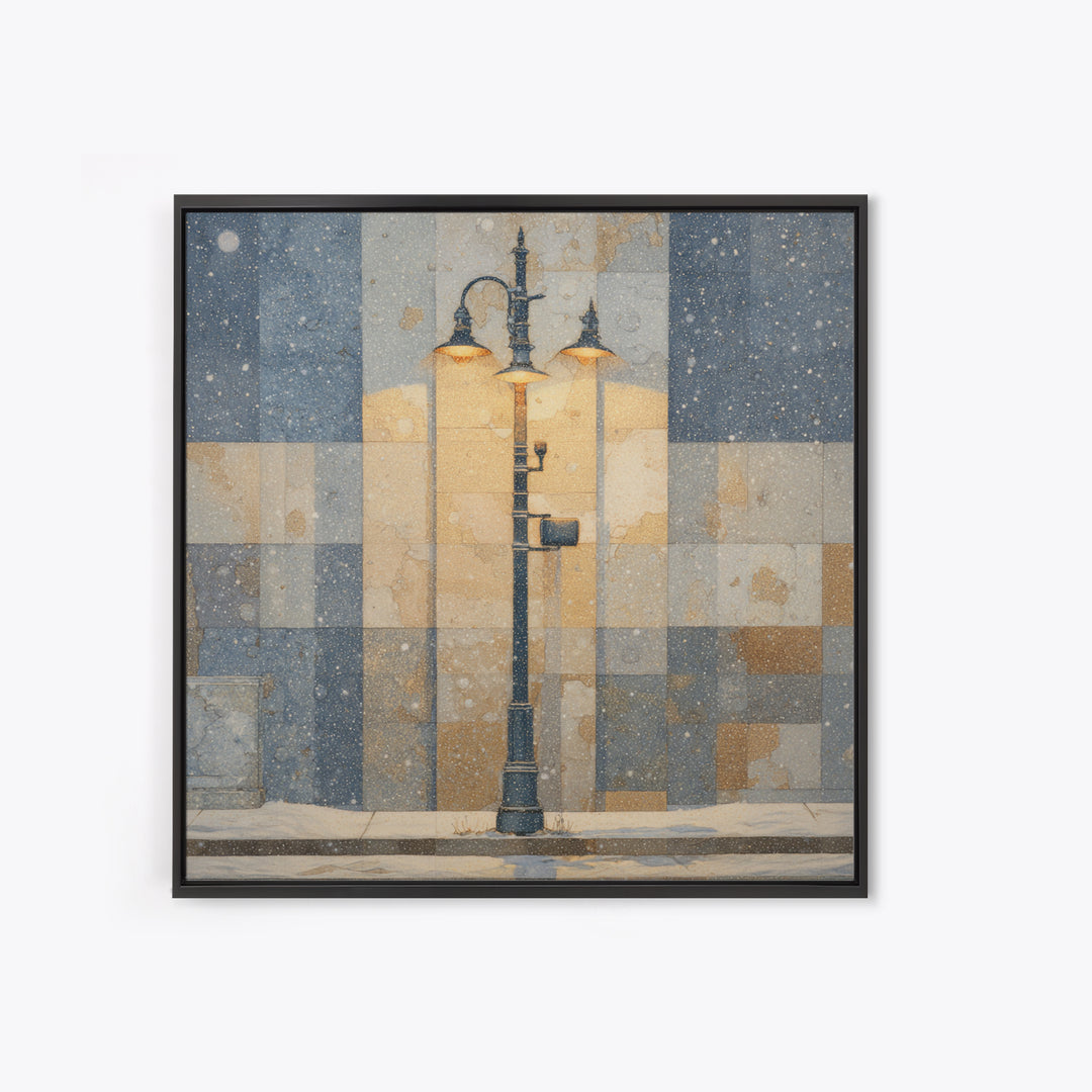 Streetlamp and Falling Snow Framed Canvas Print, Urban Art, Gay Art, Living Room Decor, Oil Painting, Urban, Minimalist Decor, URB-1x1-61