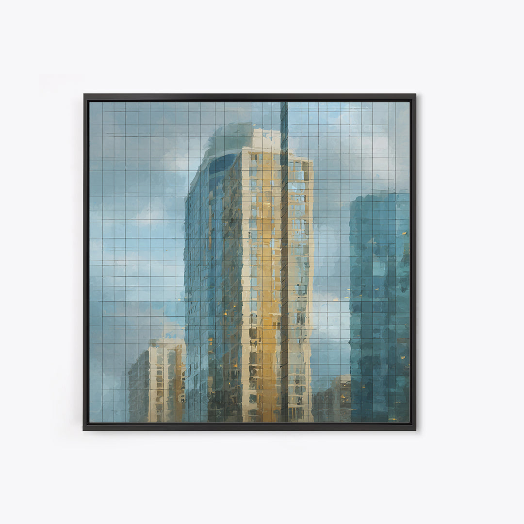 Modern Skyscraper Glass Reflections Framed Canvas Print, Urban Art, Pop Art, Living Room Decor, Fine Art, Urban, URB-1x1-62