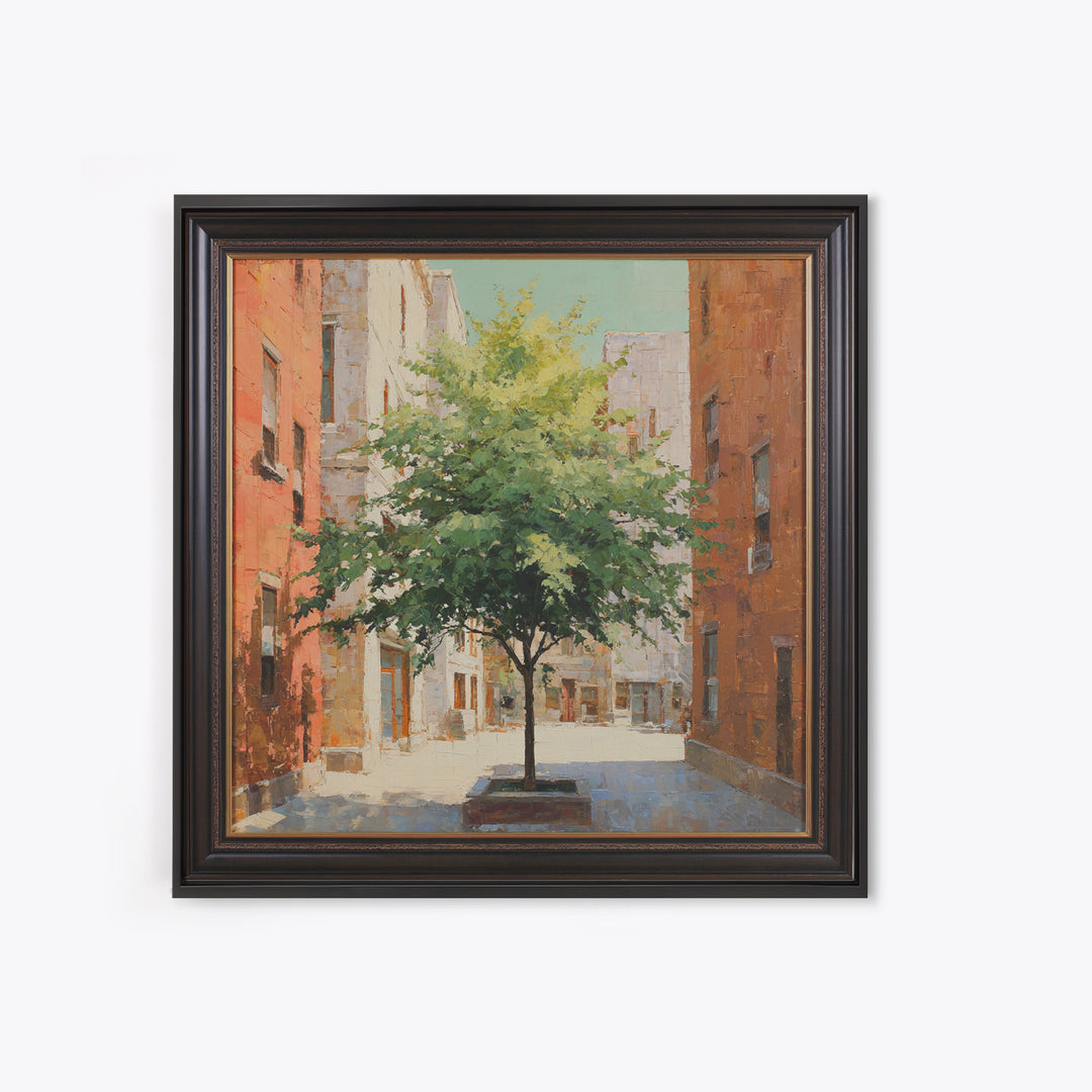 City Park Tree Framed by Buildings Framed Canvas Print, Urban Art, Colorful Wall Art, Living Room Decor, Abstract Art, Urban, URB-1x1-66