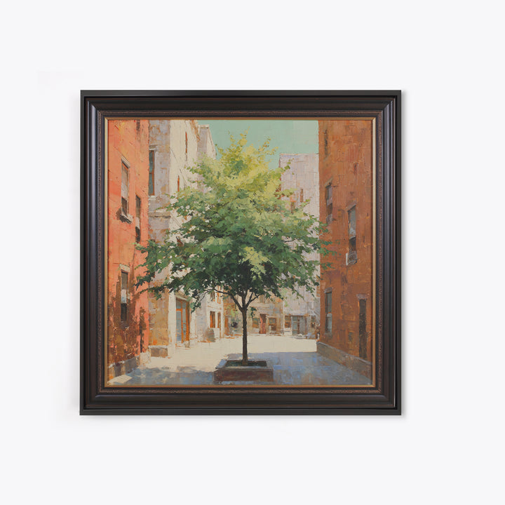 City Park Tree Framed by Buildings Framed Canvas Print, Urban Art, Colorful Wall Art, Living Room Decor, Abstract Art, Urban, URB-1x1-66