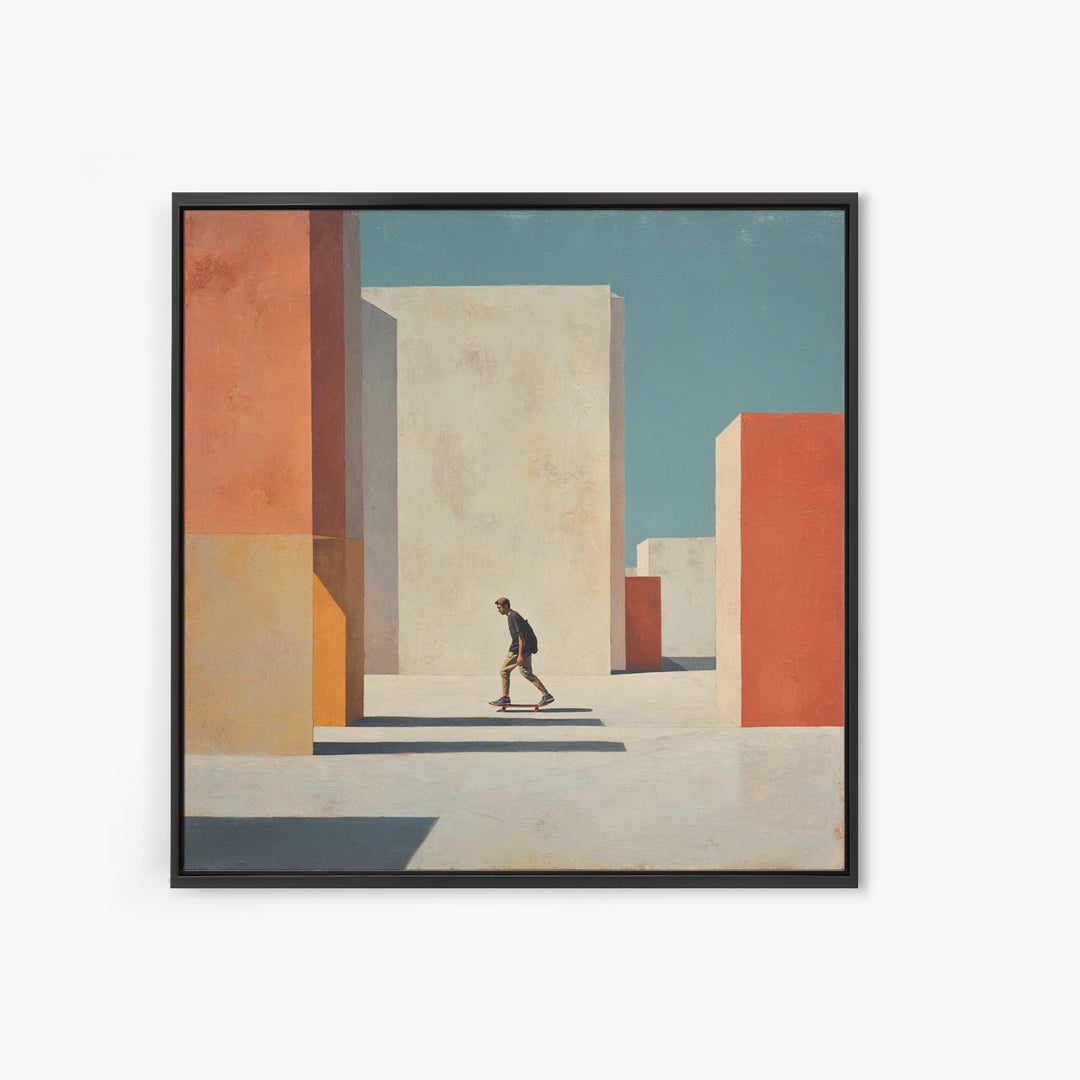 Skateboarder Crossing a Concrete Plaza Framed Canvas Print, Urban Art, Textured Wall Art, Living Room Decor, Fine Art, Urban, URB-1x1-7