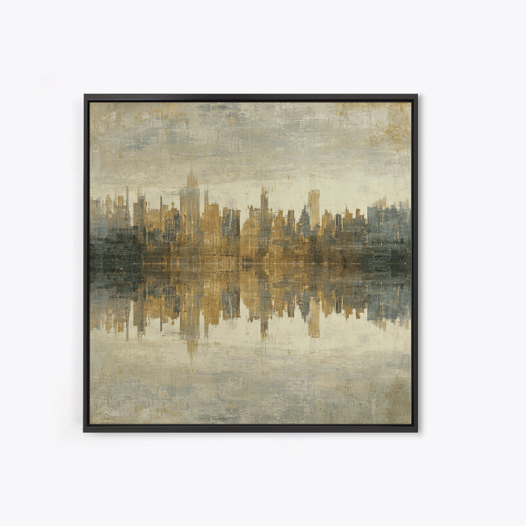 Moody City Skyline Reflected Framed Canvas Print, Urban Art, Art Print, Living Room Decor, Abstract Art, Urban, Oil Painting, URB-1x1-73