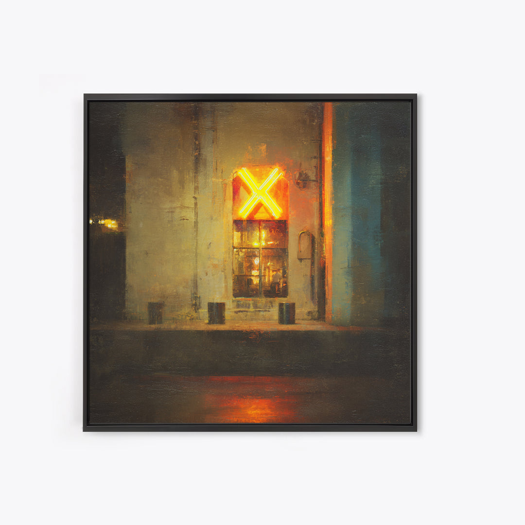 Neon Sign Glow Reflected on Black Street Framed Canvas Print, Urban Art, Gallery Decor, Living Room Decor, Fine Art, Urban, URB-1x1-78