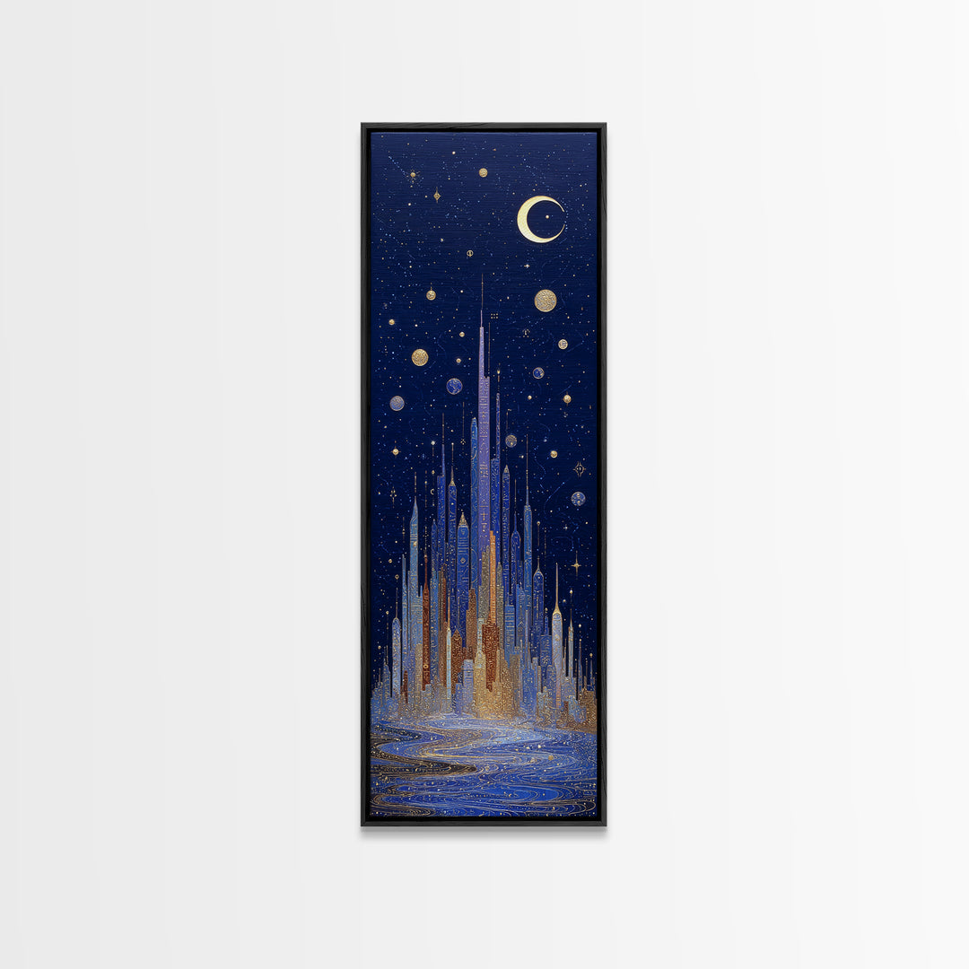 Night Skyline under Crescent Moon Canvas Print, Urban Art, Boho Decor, Living Room Decor, Abstract Art, Urban, Digital Prints, URB-1x3-12