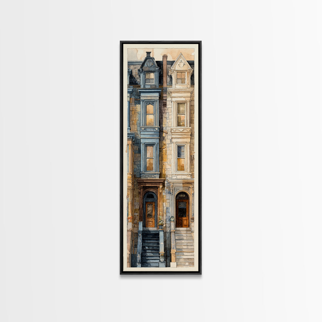 Brownstone Row in Soft Morning Light Framed Canvas Print, Urban Art, Art Print, Living Room Decor, Urban, Oil Painting, URB-1x3-24