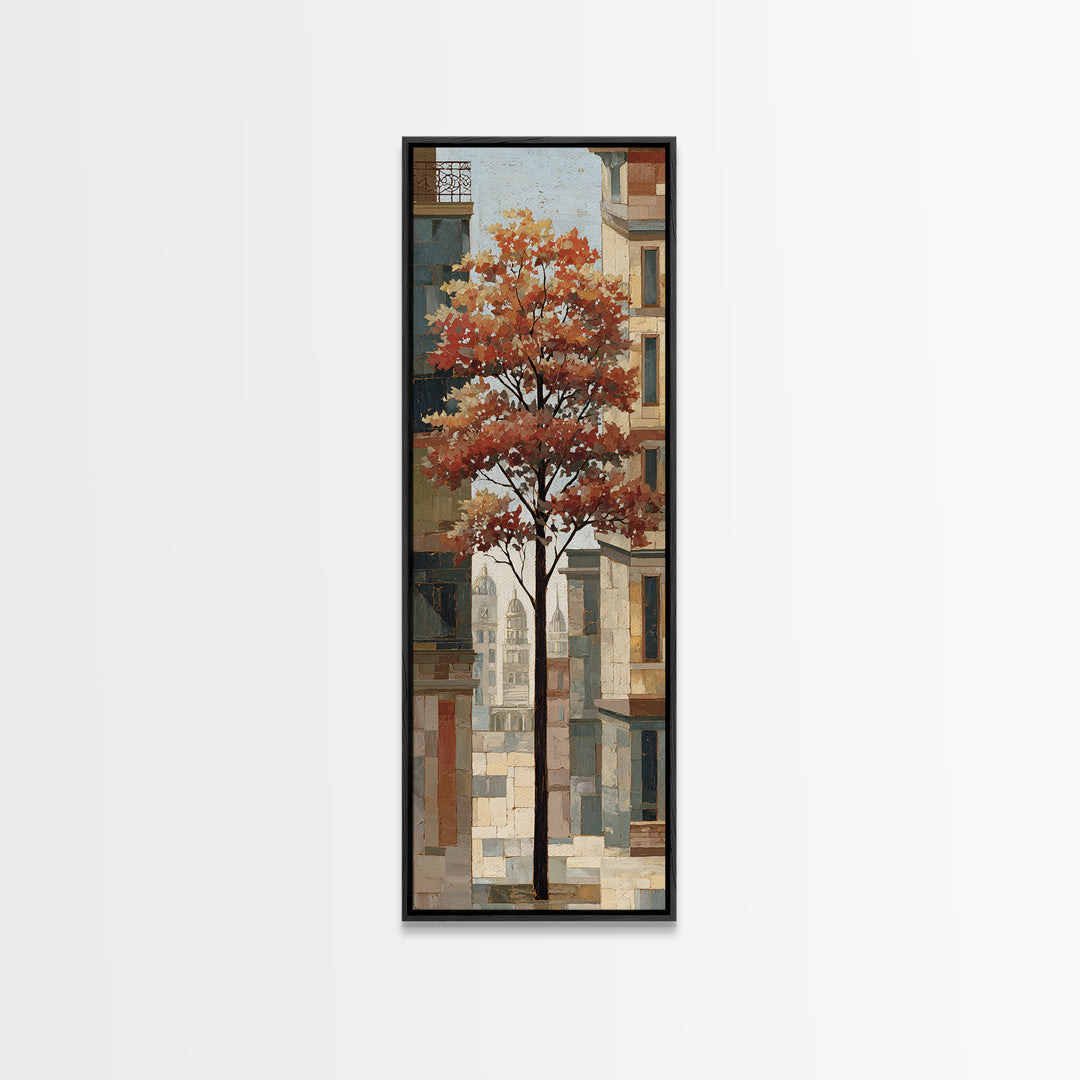 City Park Tree Framed by Buildings Framed Canvas Print, Urban Art, Canvas Painting, Living Room Decor, Oil Painting, Urban, URB-1x3-54
