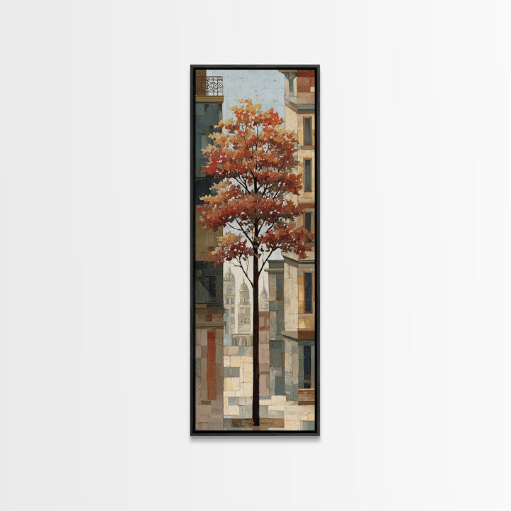 City Park Tree Framed by Buildings Framed Canvas Print, Urban Art, Canvas Painting, Living Room Decor, Oil Painting, Urban, URB-1x3-54