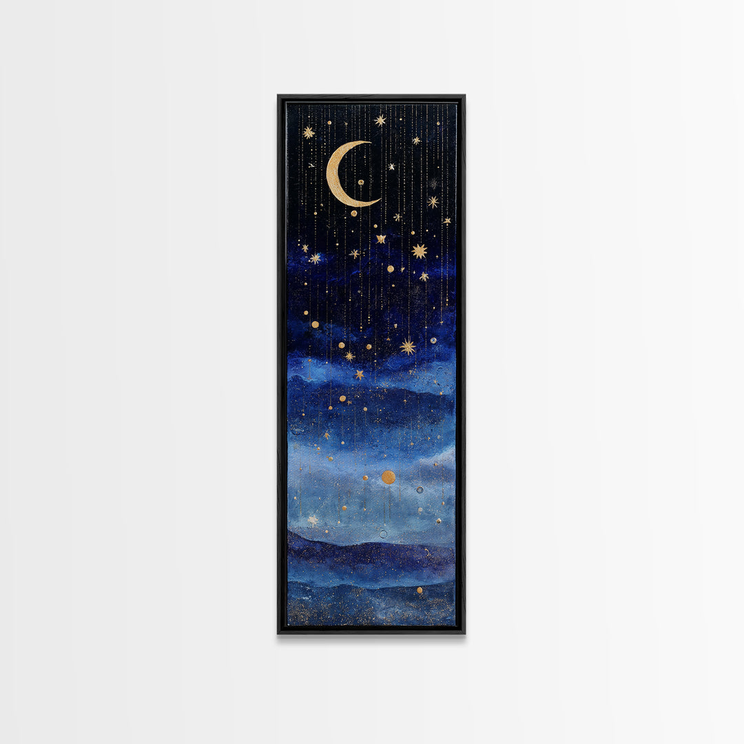 Night Skyline under Crescent Moon Canvas Print, Urban Art, Wall Decor, Living Room Decor, Fine Art, Urban, Living Room Wall Art, URB-1x3-60
