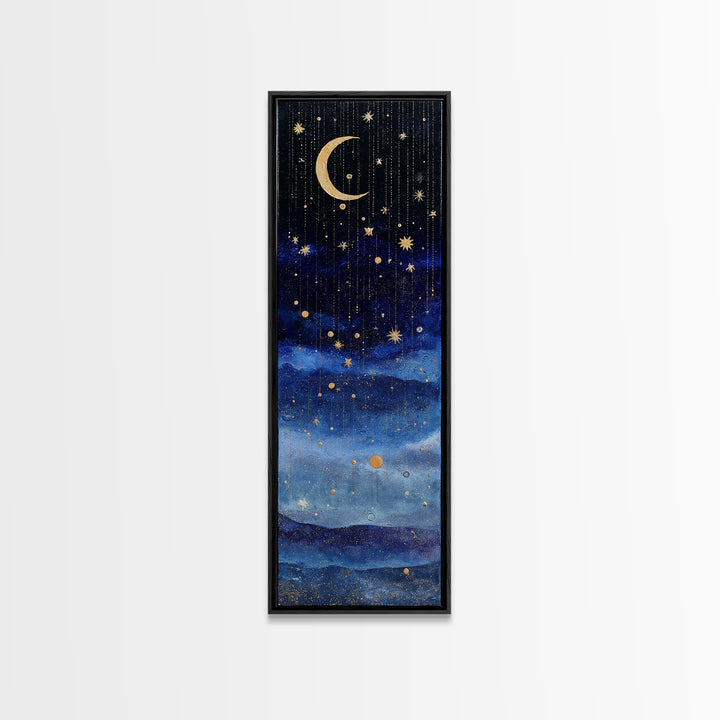 Night Skyline under Crescent Moon Canvas Print, Urban Art, Wall Decor, Living Room Decor, Fine Art, Urban, Living Room Wall Art, URB-1x3-60