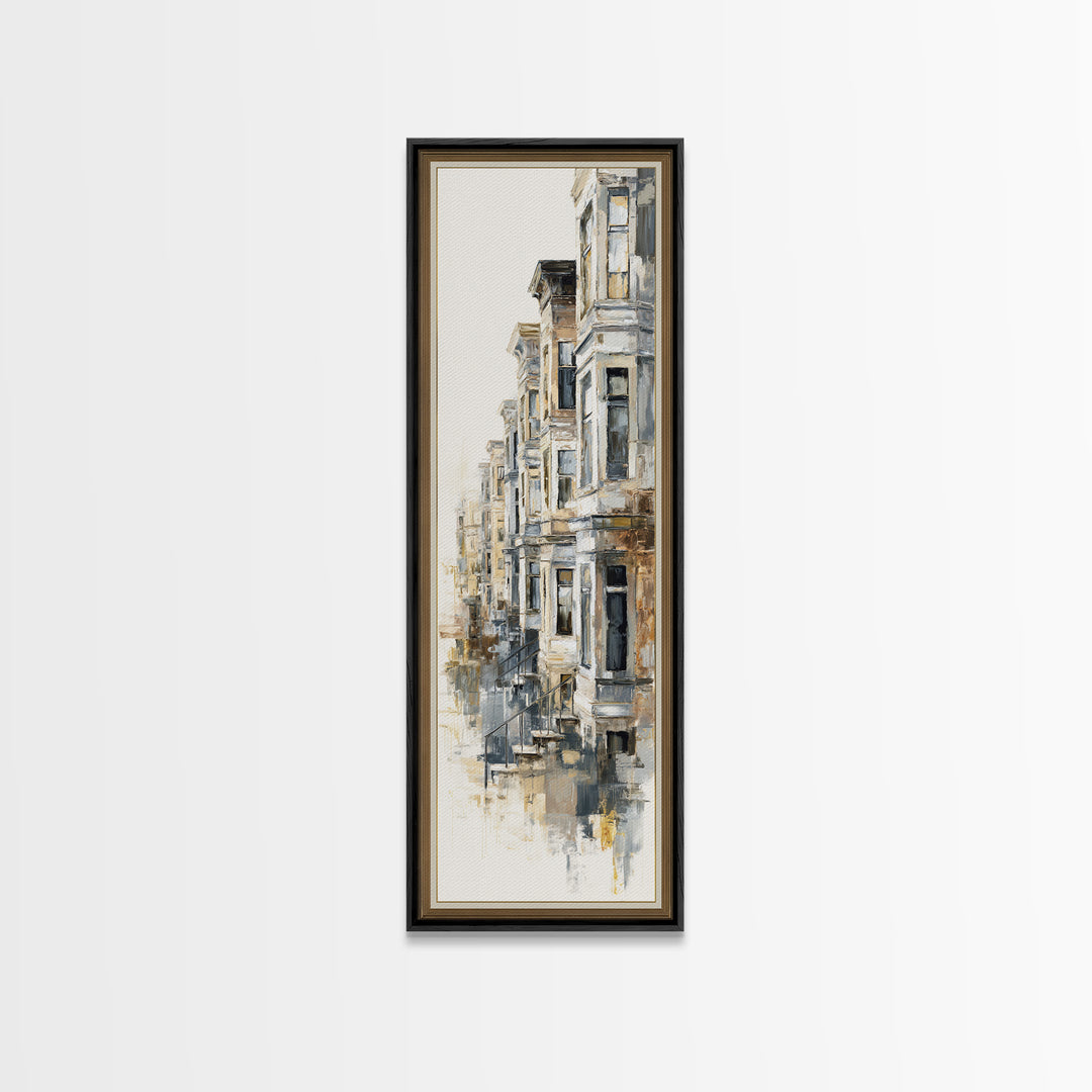 Brownstone Row in Soft Morning Light Canvas Print, Urban Art, Black Art, Living Room Decor, Fine Art, Urban, Canvas Painting, URB-1x3-72