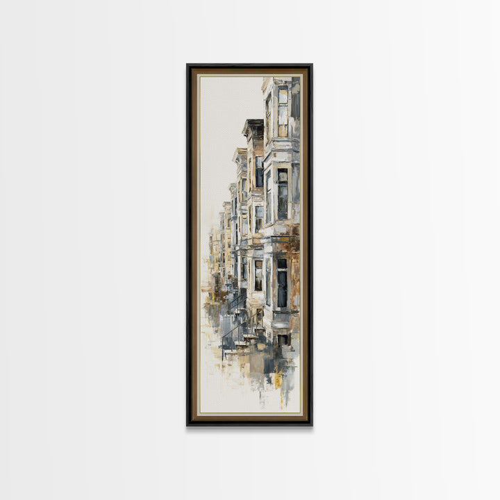 Brownstone Row in Soft Morning Light Canvas Print, Urban Art, Black Art, Living Room Decor, Fine Art, Urban, Canvas Painting, URB-1x3-72
