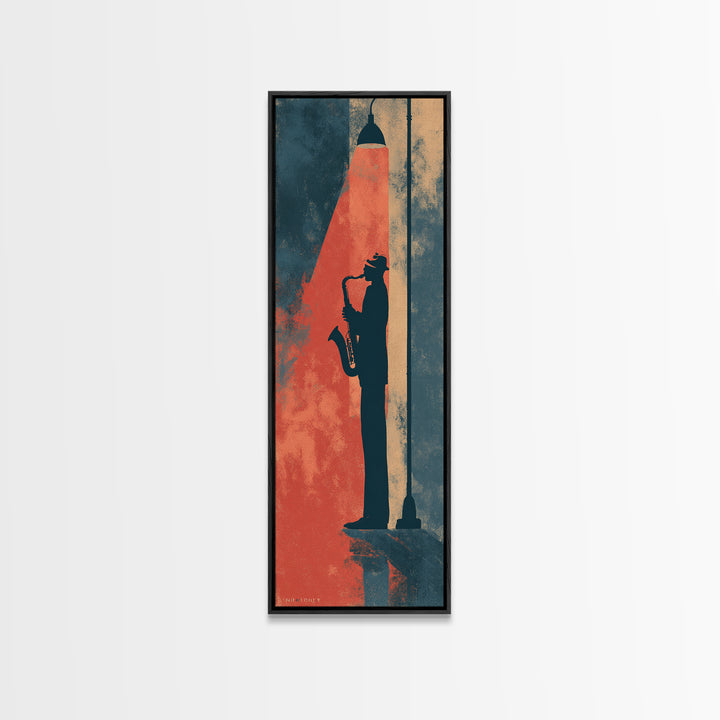 Urban Jazz Musician Silhouette Framed Canvas Print, Urban Art, Digital Print, Living Room Decor, Oil Painting, Urban, URB-1x3-76