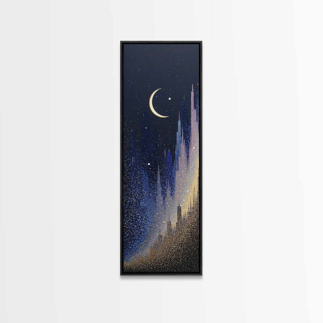 Night Skyline under Crescent Moon Framed Canvas Print, Urban Art, Original Art, Living Room Decor, Urban, Black Woman Art, URB-1x3-84