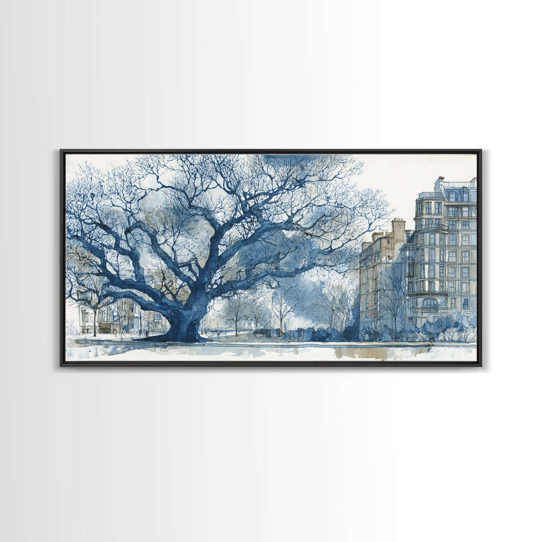 City Park Tree Framed by Buildings Framed Canvas Print, Urban Art, Fine Art Print, Living Room Decor, Watercolor Art, Urban, URB-2x1-14