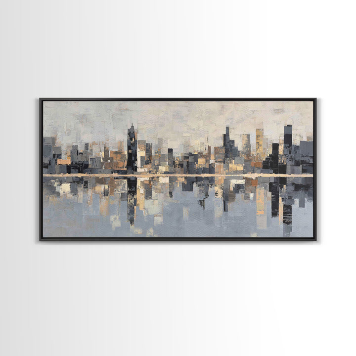 Moody City Skyline Reflected Framed Canvas Print, Urban Art, Original Painting, Living Room Decor, Urban, African American Art, URB-2x1-45