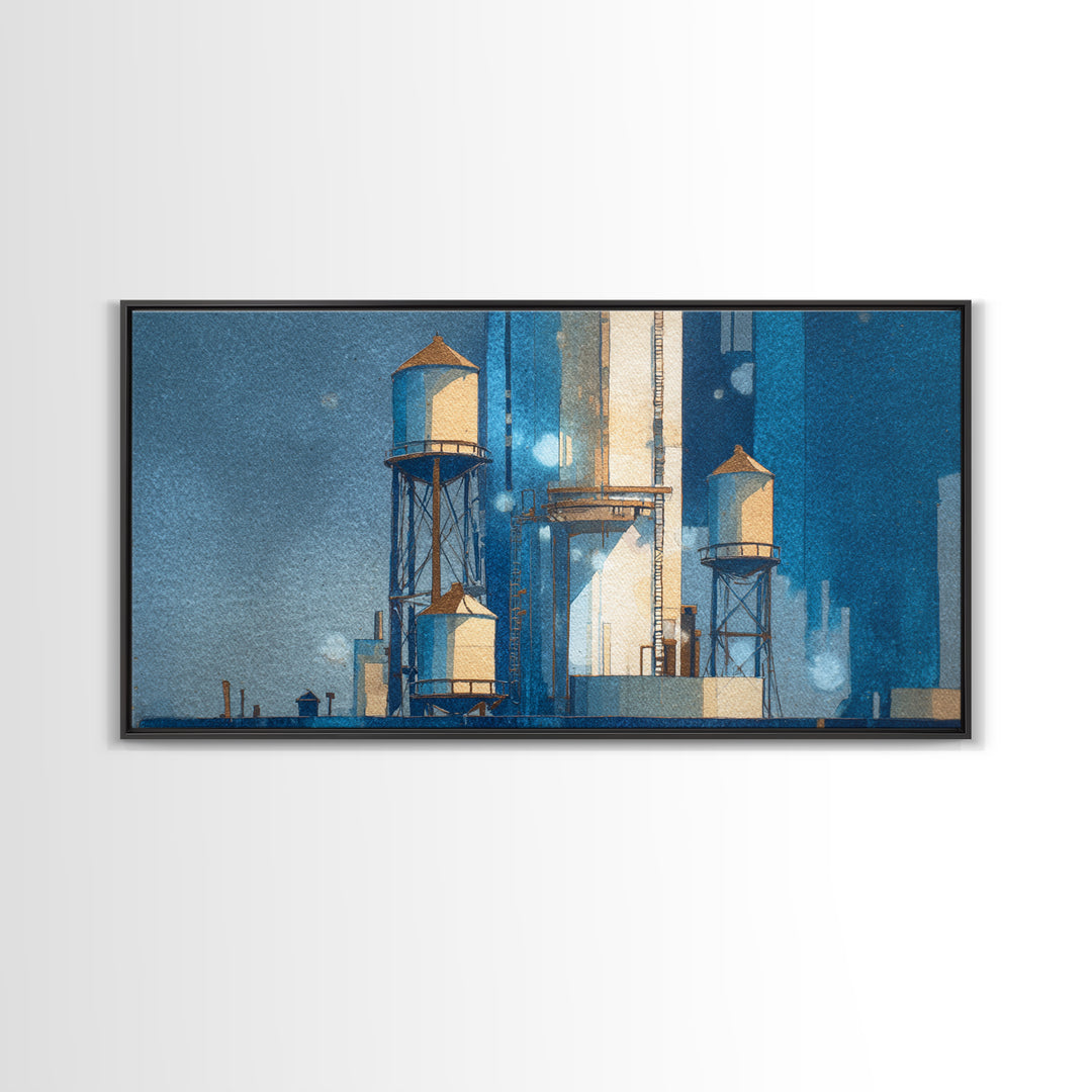 Rooftop Water Tower Framed Canvas Print, Urban Art, Poster, Living Room Decor, Watercolor Art, Urban, Modern Wall Art, URB-2x1-5