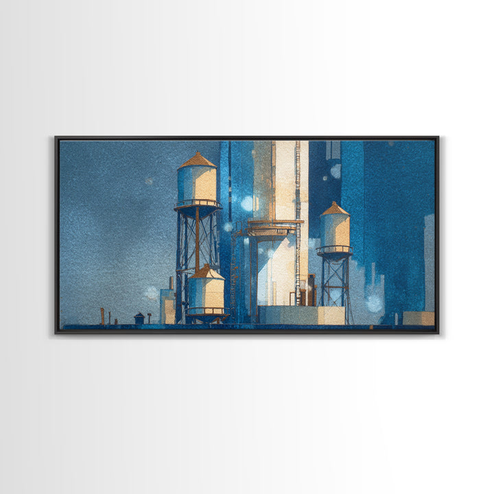 Rooftop Water Tower Framed Canvas Print, Urban Art, Poster, Living Room Decor, Watercolor Art, Urban, Modern Wall Art, URB-2x1-5