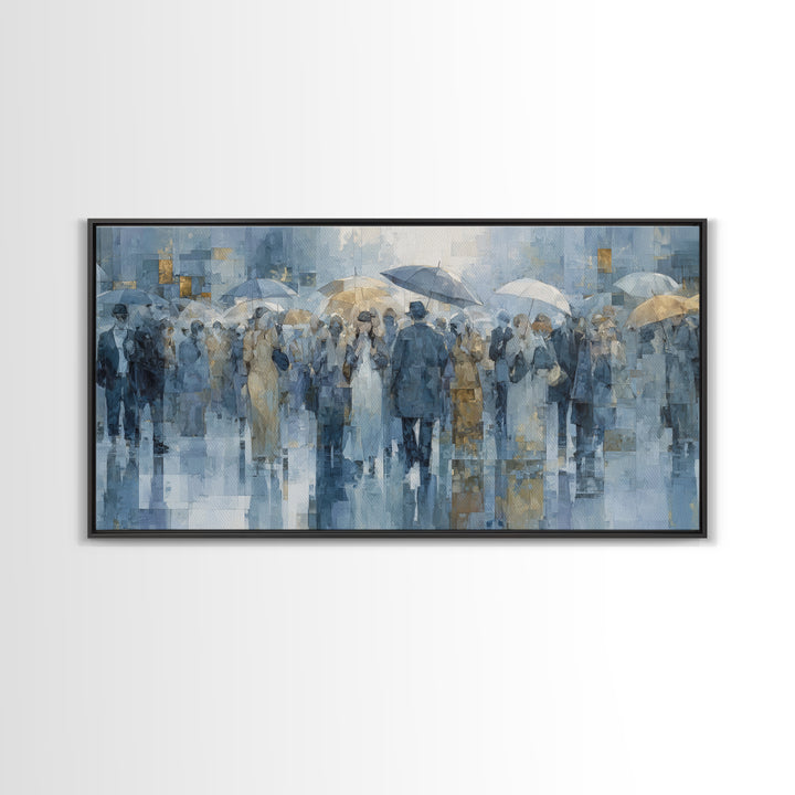 Rain Umbrella Figures Canvas Print, Urban Art, Oil Painting, Living Room Decor, Urban, Black Art Prints, Book Shelf Decor, URB-2x1-64