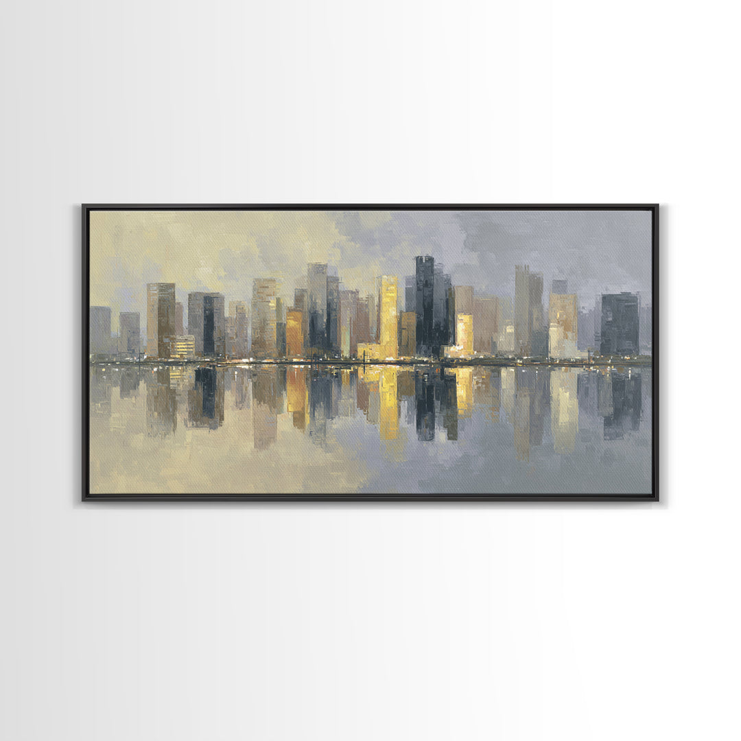 Moody City Skyline Reflected Canvas Print, Urban Art, Black Art, Living Room Decor, Abstract Art, Urban, Canvas Painting, URB-2x1-69