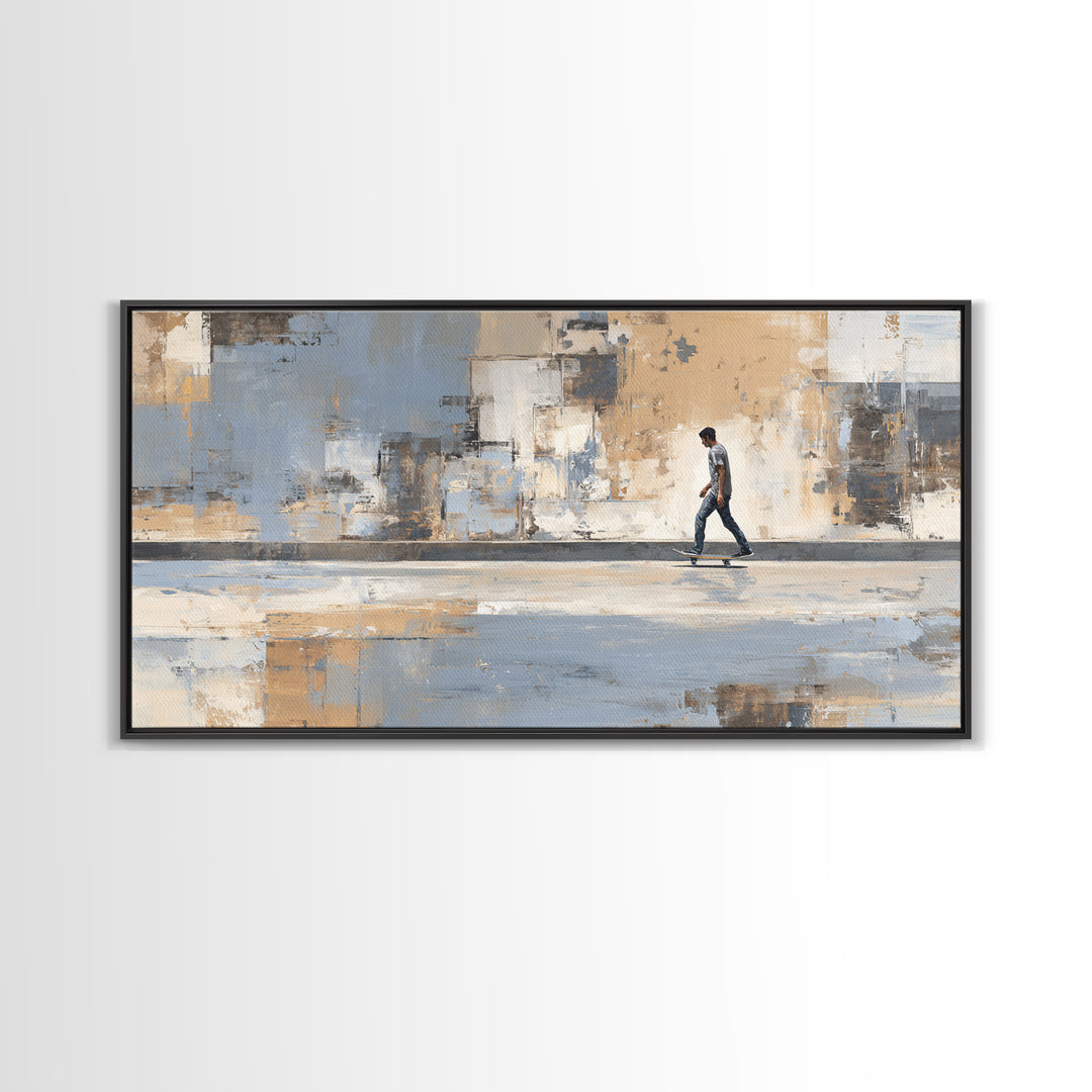 Skateboarder Crossing a Concrete Plaza Framed Canvas Print, Urban Art, Boho Decor, Living Room Decor, Fine Art, Urban, URB-2x1-75