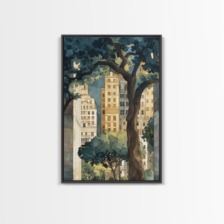 City Park Tree Framed by Buildings Framed Canvas Print, Urban Art, Boho Decor, Living Room Decor, Abstract Art, Urban, URB-2x3-2
