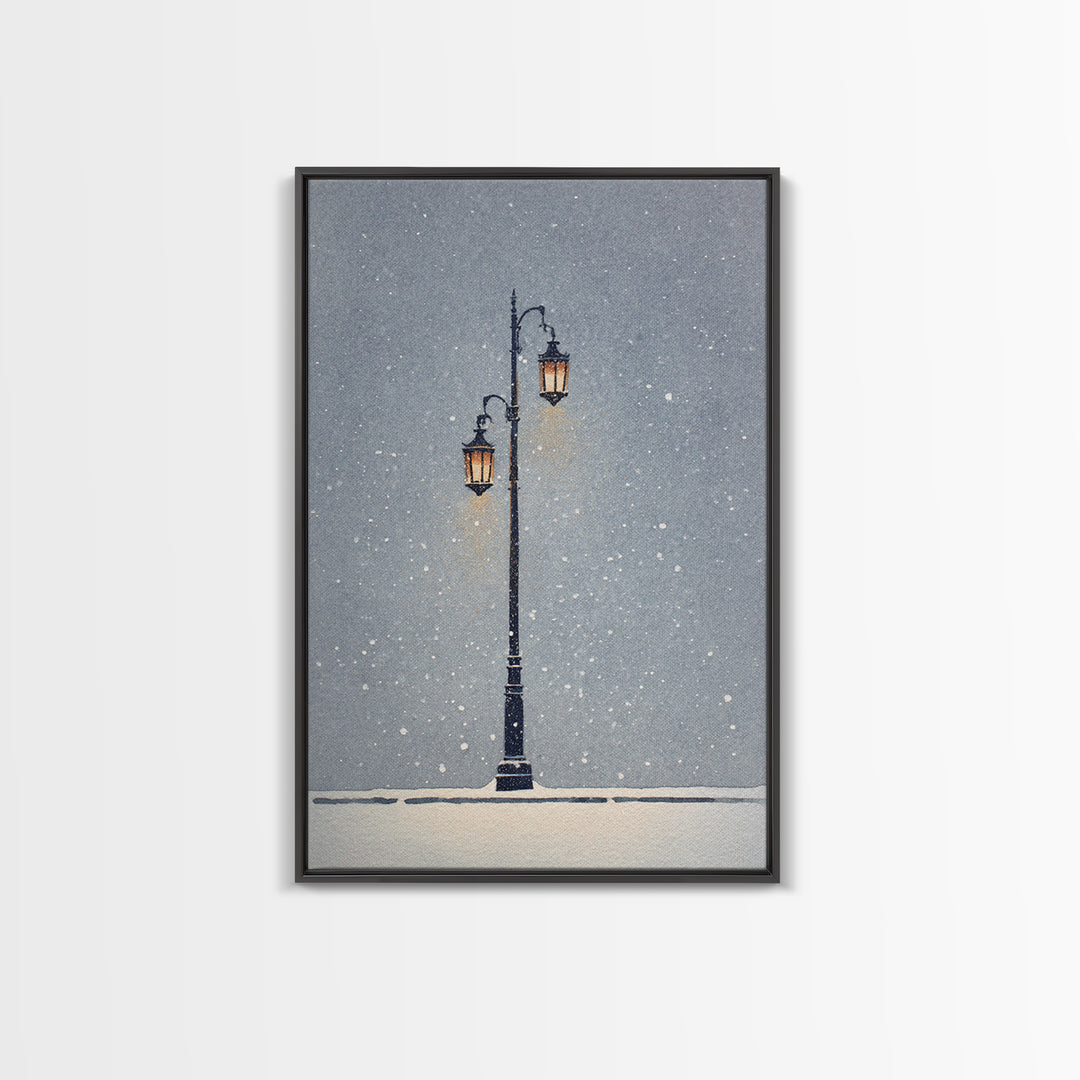 Streetlamp and Falling Snow Framed Canvas Print, Urban Art, Contemporary Art, Living Room Decor, Oil Painting, Urban, URB-2x3-21