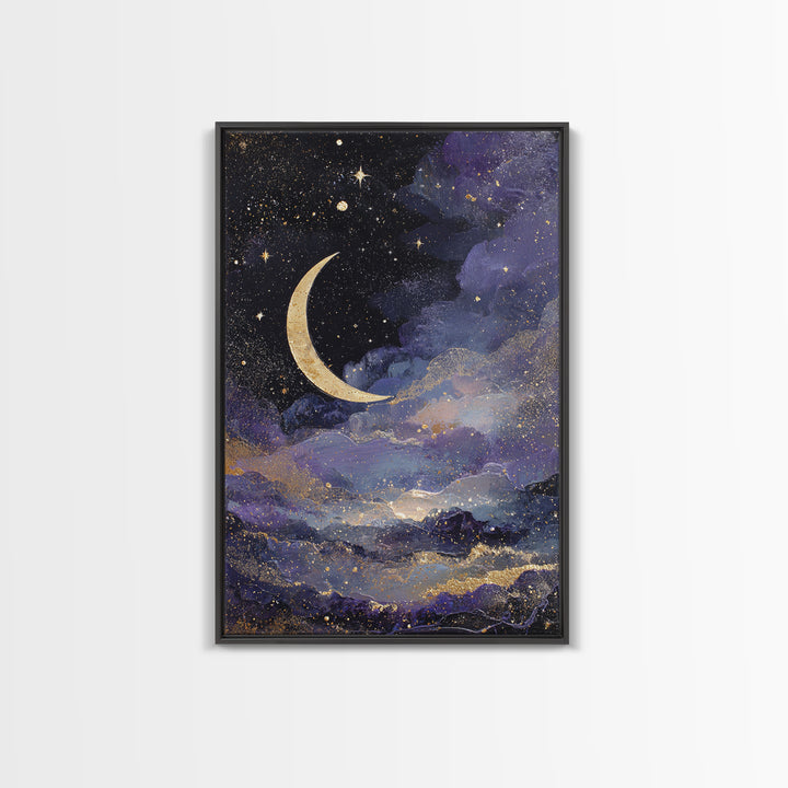 Night Skyline under Crescent Moon Canvas Print, Urban Art, Black Girl Wall Art, Living Room Decor, Abstract Art, Urban, URB-2x3-32