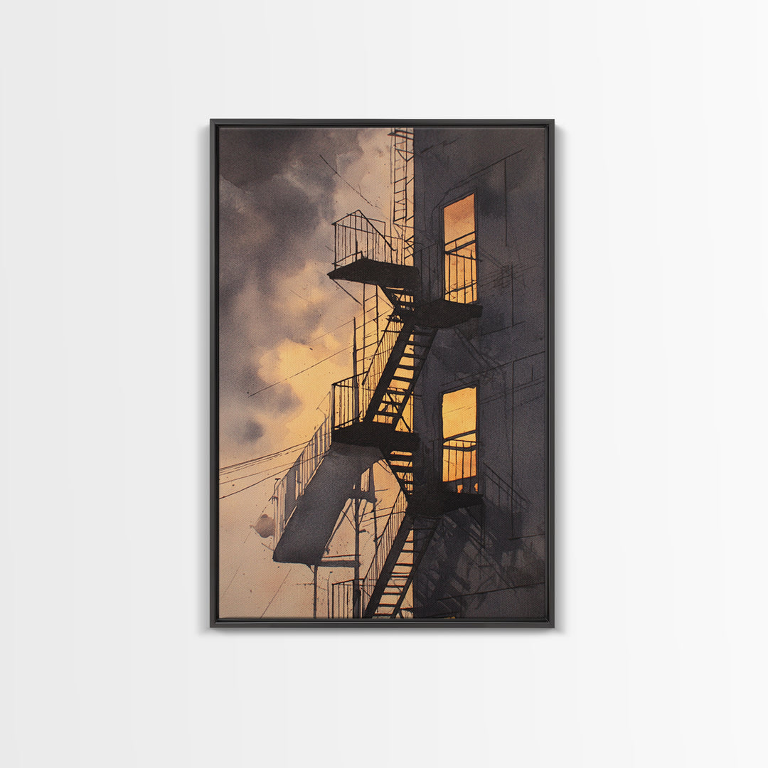 Fire Escape Silhouette Framed Canvas Print, Urban Art, Contemporary Art, Living Room Decor, Fine Art, Urban, Black Art, URB-2x3-34