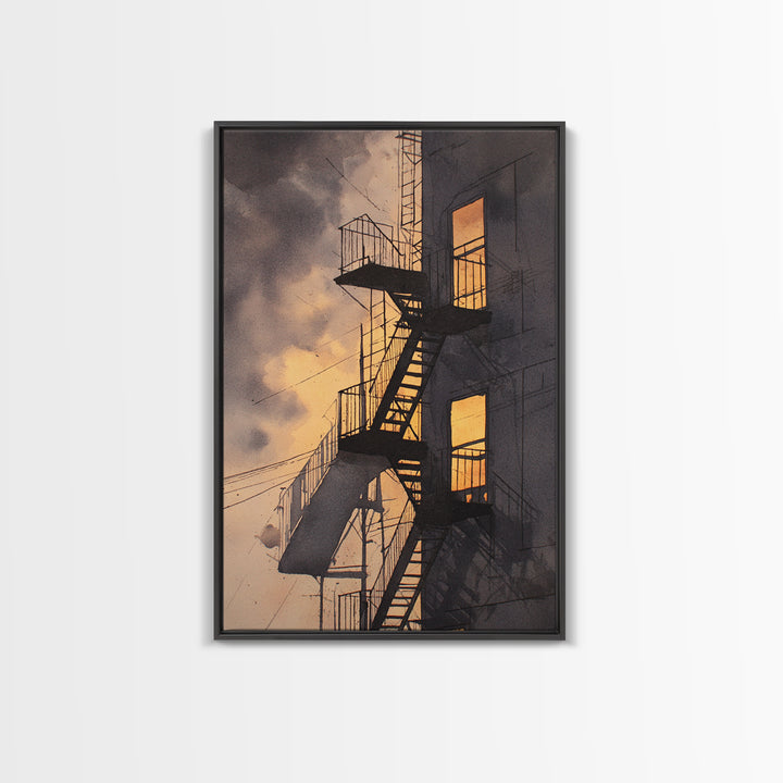 Fire Escape Silhouette Framed Canvas Print, Urban Art, Contemporary Art, Living Room Decor, Fine Art, Urban, Black Art, URB-2x3-34