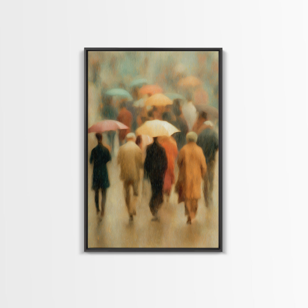 Rain Umbrella Figures Framed Canvas Print, Urban Art, Statement Artwork, Living Room Decor, Fine Art, Urban, Wall Decor, URB-2x3-4